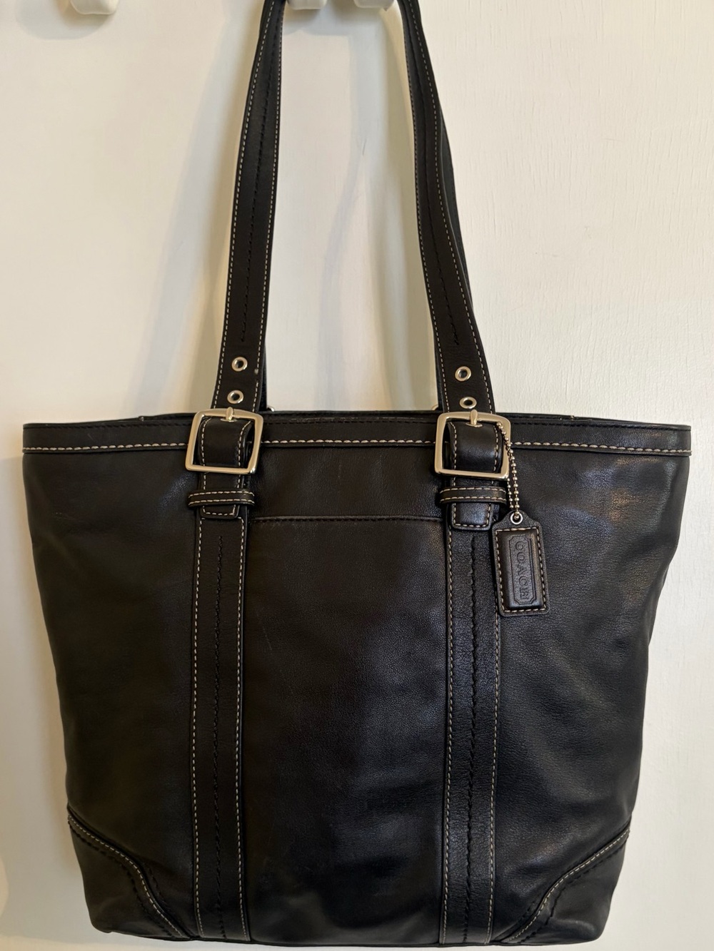 Coach Black Leather Shoulder Tote with Buckle Straps